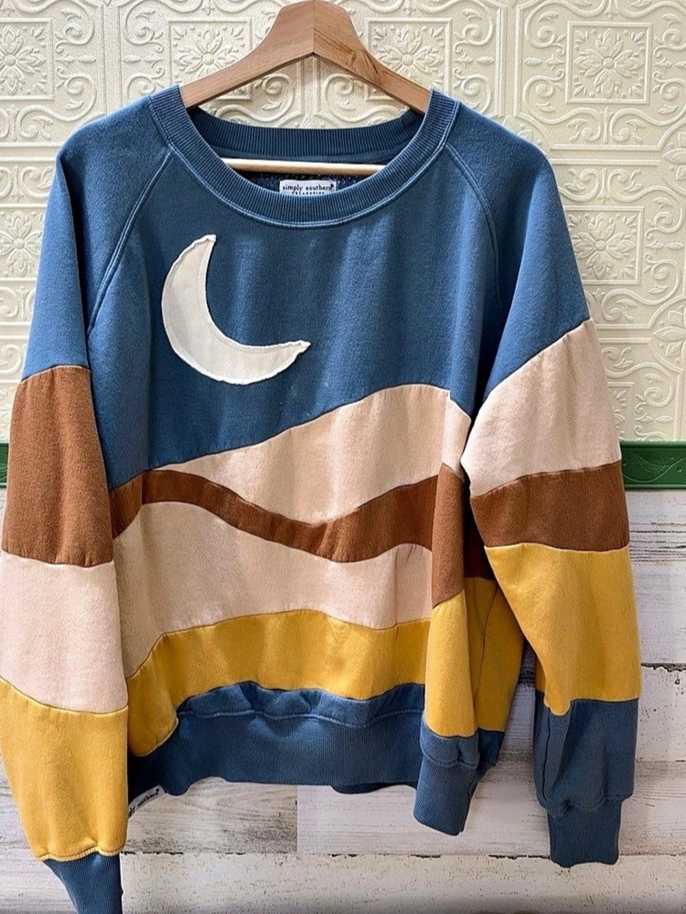 Simply Southern Patch Moonlight Sweatshirt Color Block Blue & Brown Medium